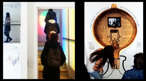  Students Walk Through Color Temperature Stairway (left) and Start at the Bottom of the History of Light Stairwell (right)